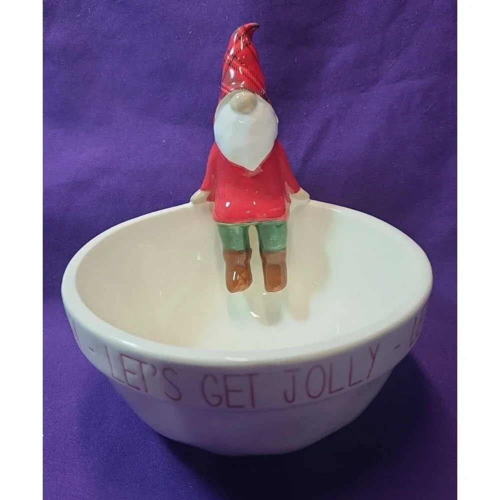 Mud Pie Ceramic Candy Dish 3D Holiday Gnome Sits On Edge